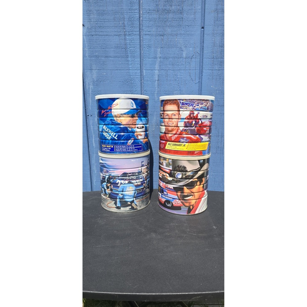 4 vintage Maxwell House NASCAR collectible coffee tins featuring racing legends
